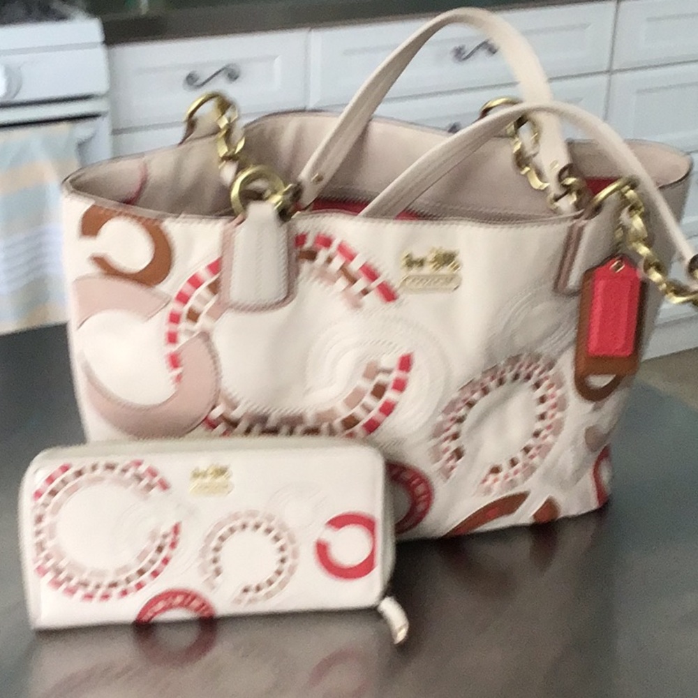 Coach Leather Whip Stitched tote & matching wallet, gold chain/ hang tags 😃